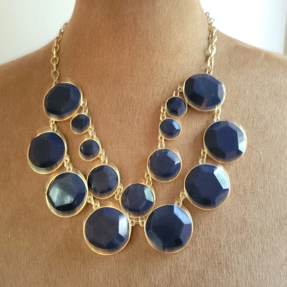 Kate Spade Navy Blue Gold Tone Resin Stone Bib Statement Necklace Size 17 Preppy
